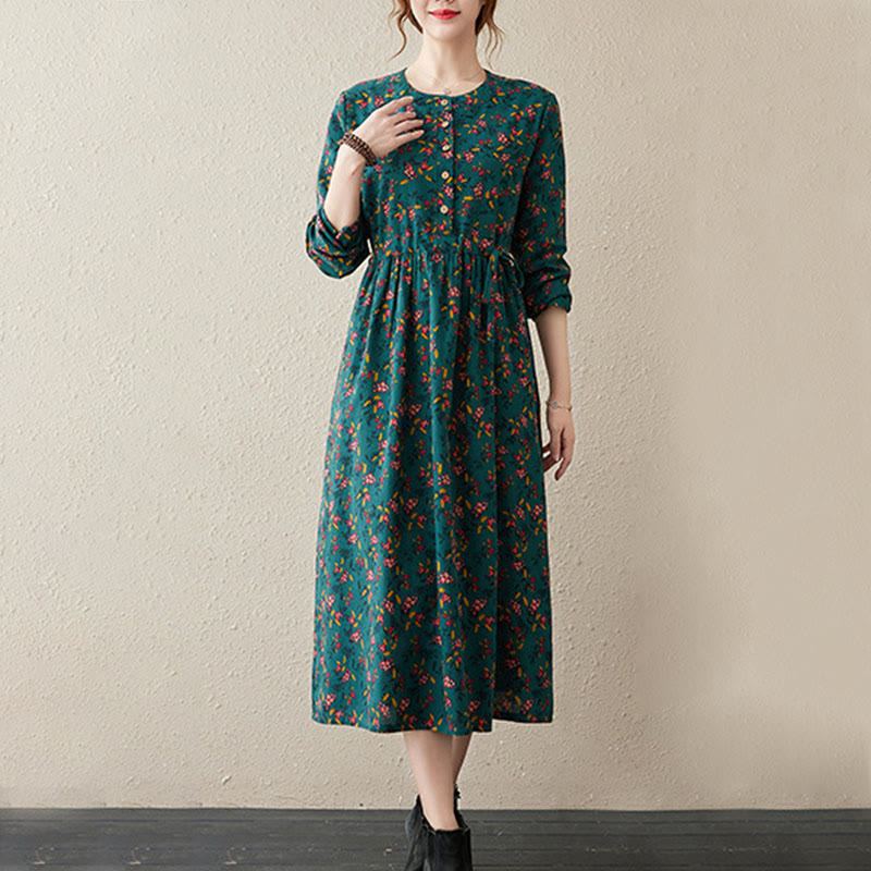 Buddha Stones Ethnic Printing Floral Long Sleeve Buttons Design Cotton Linen Midi Dress With Pockets - image 7