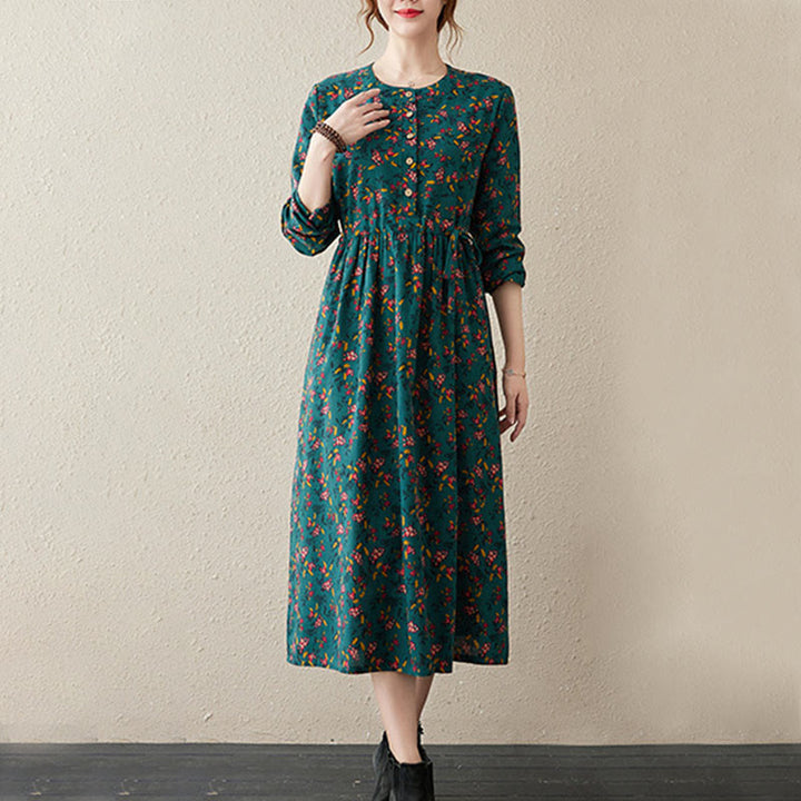 Buddha Stones Ethnic Printing Floral Long Sleeve Buttons Design Cotton Linen Midi Dress With Pockets - image 7