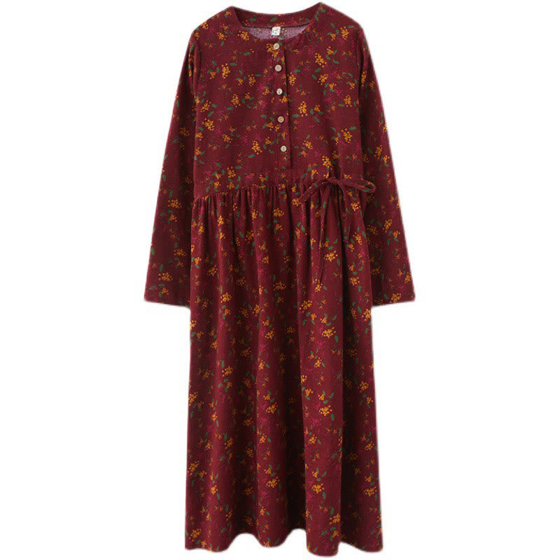 Buddha Stones Ethnic Printing Floral Long Sleeve Buttons Design Cotton Linen Midi Dress With Pockets - image 20