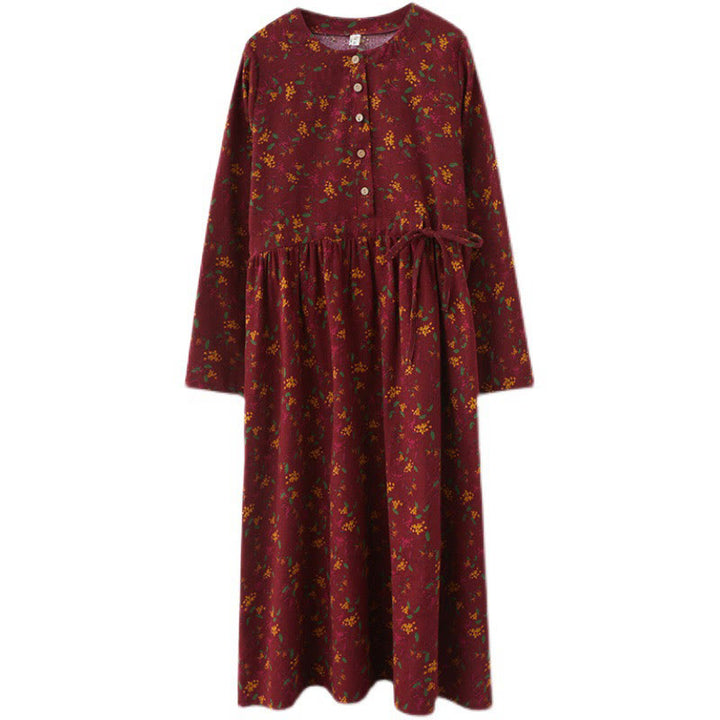 Buddha Stones Ethnic Printing Floral Long Sleeve Buttons Design Cotton Linen Midi Dress With Pockets - image 20