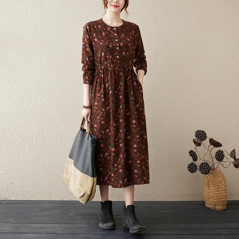 Buddha Stones Ethnic Printing Floral Long Sleeve Buttons Design Midi Dress With Pockets - SaddleBrown - US12，UK/AU16，EU44 (3XL) - image 0
