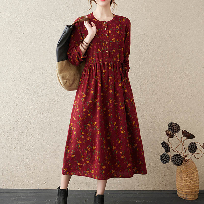 Buddha Stones Ethnic Printing Floral Long Sleeve Buttons Design Midi Dress With Pockets - image 12