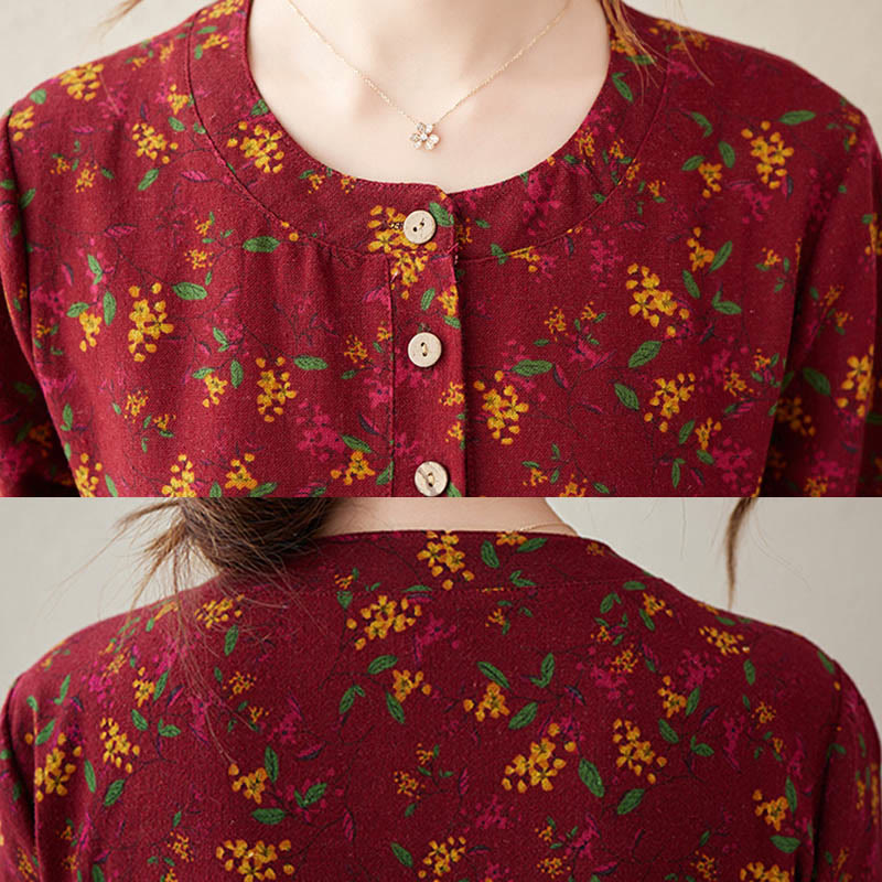 Buddha Stones Ethnic Printing Floral Long Sleeve Buttons Design Midi Dress With Pockets - image 16