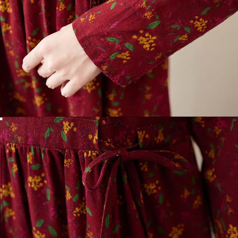 Buddha Stones Ethnic Printing Floral Long Sleeve Buttons Design Cotton Linen Midi Dress With Pockets - image 17