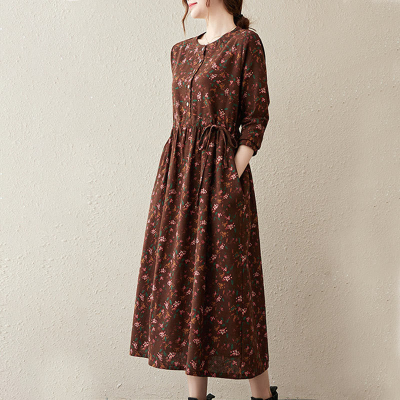 Buddha Stones Ethnic Printing Floral Long Sleeve Buttons Design Cotton Linen Midi Dress With Pockets - image 3