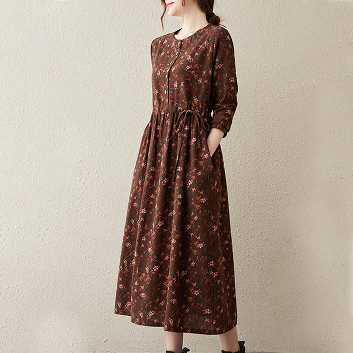 Buddha Stones Ethnic Printing Floral Long Sleeve Buttons Design Cotton Linen Midi Dress With Pockets - image 3