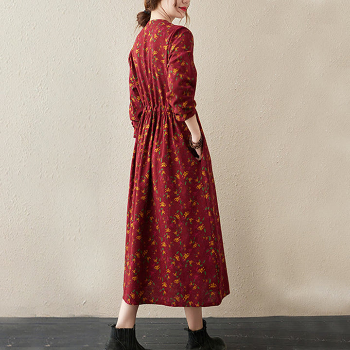 Buddha Stones Ethnic Printing Floral Long Sleeve Buttons Design Cotton Linen Midi Dress With Pockets - image 13