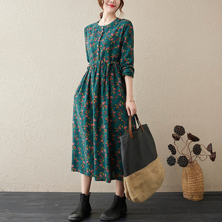 Buddha Stones Ethnic Printing Floral Long Sleeve Buttons Design Cotton Linen Midi Dress With Pockets - DarkCyan - US12，UK/AU16，EU44 (3XL) - image 5