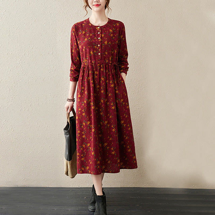 Buddha Stones Ethnic Printing Floral Long Sleeve Buttons Design Midi Dress With Pockets - image 14