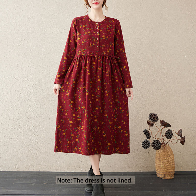 Buddha Stones Ethnic Printing Floral Long Sleeve Buttons Design Cotton Linen Midi Dress With Pockets - image 11