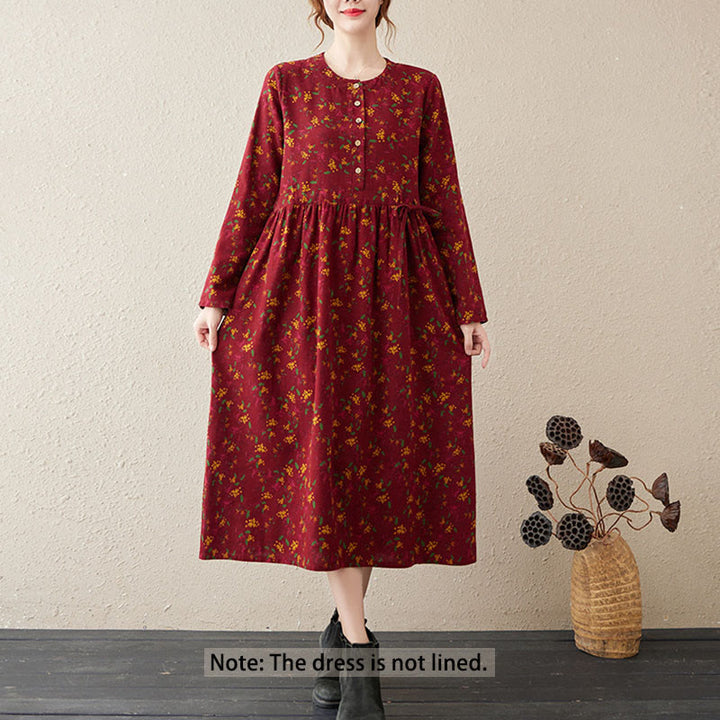 Buddha Stones Ethnic Printing Floral Long Sleeve Buttons Design Cotton Linen Midi Dress With Pockets - image 11