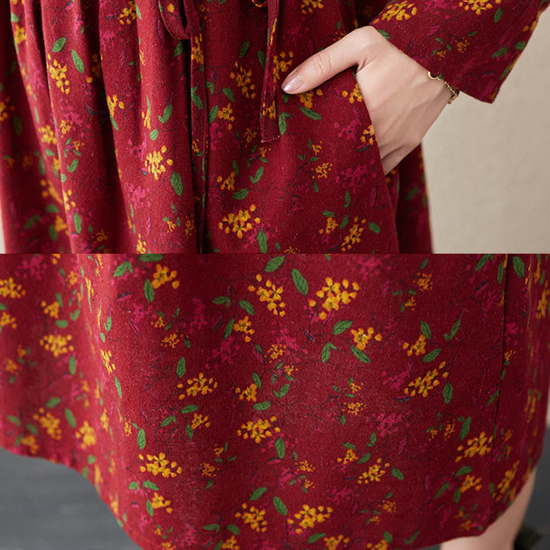 Buddha Stones Ethnic Printing Floral Long Sleeve Buttons Design Midi Dress With Pockets - image 19