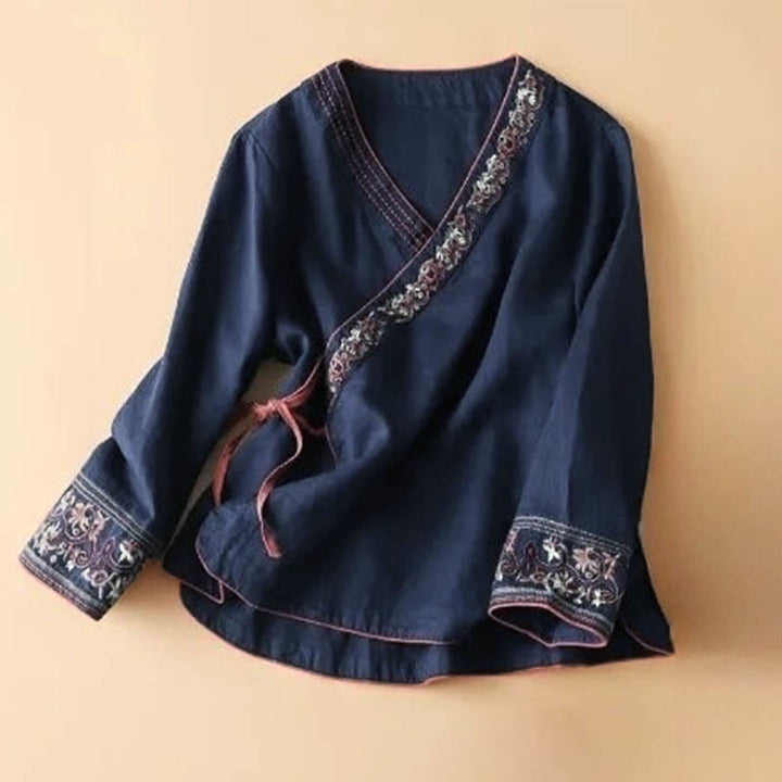 Buddha Stones Casual Embroidered Flowers Slant Collar Strap Long Sleeve Cotton Women's Shirt - Navy - US12，UK/AU16，EU44 (3XL) - image 9