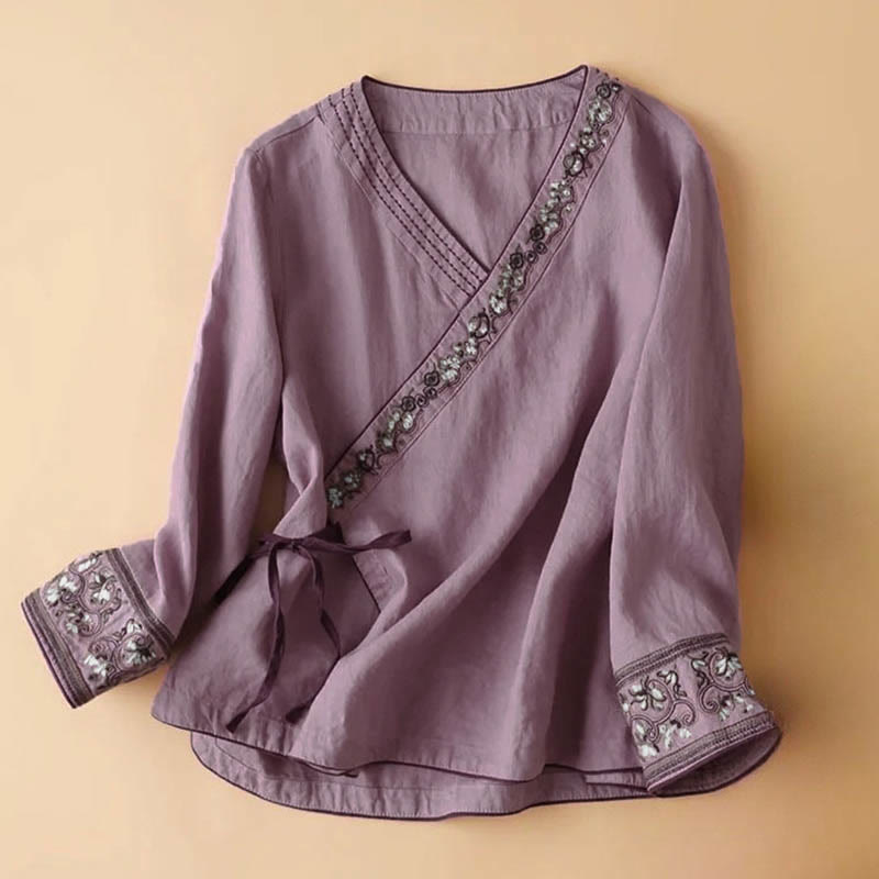 Buddha Stones Casual Embroidered Flowers Slant Collar Strap Long Sleeve Cotton Women's Shirt - Orchid - US12，UK/AU16，EU44 (3XL) - image 6
