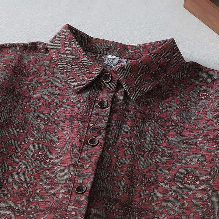 Buddha Stones Brown Printing Floral Pattern Lapel Cotton Linen Long Sleeve Midi Dress With Pockets - image 3