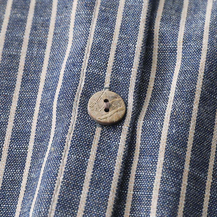 Buddha Stones LightSteelBlue White Striped Long Sleeve Lapel Cotton Linen Midi Dress With Pockets - image 4