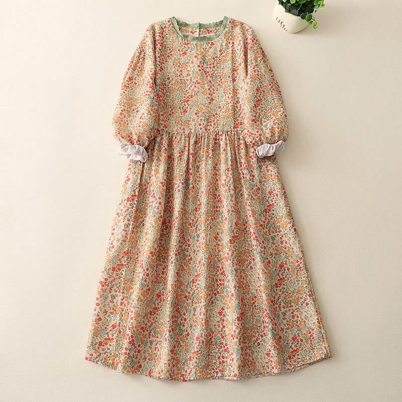 Buddha Stones Casual Floral Lace Crew Neck Balloon Long Sleeve Cotton Linen Midi Dress With Pockets - Khaki - US8-10，UK/AU12-14，EU40-42 (2XL) - image 4