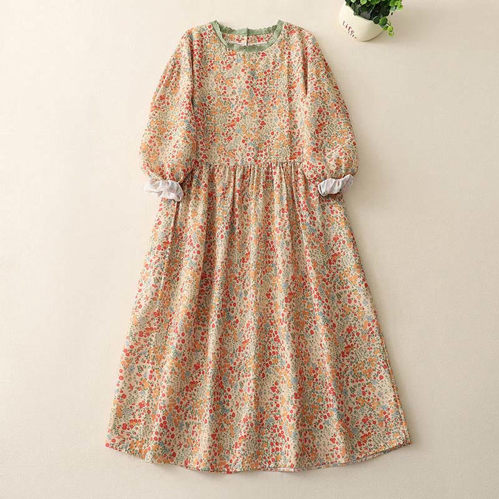 Buddha Stones Casual Floral Lace Crew Neck Balloon Long Sleeve Cotton Linen Midi Dress With Pockets - Khaki - US8-10，UK/AU12-14，EU40-42 (2XL) - image 4