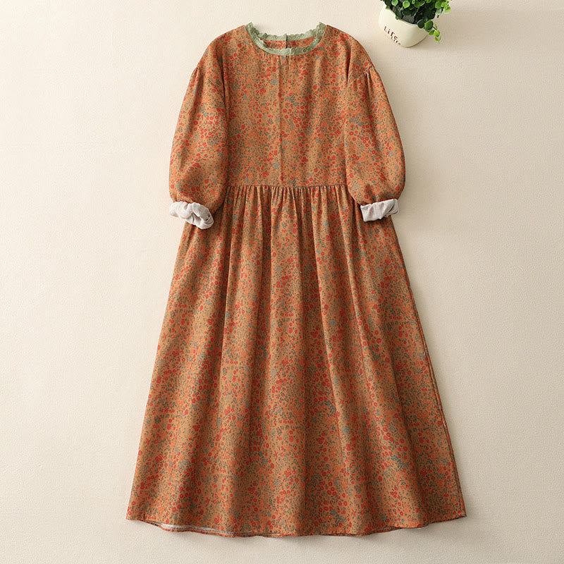 Buddha Stones Casual Floral Lace Crew Neck Balloon Long Sleeve Cotton Linen Midi Dress With Pockets - DarkOrange - US8-10，UK/AU12-14，EU40-42 (2XL) - image 0