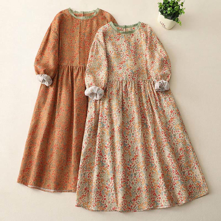 Buddha Stones Casual Floral Lace Crew Neck Balloon Long Sleeve Cotton Linen Midi Dress With Pockets - image 13