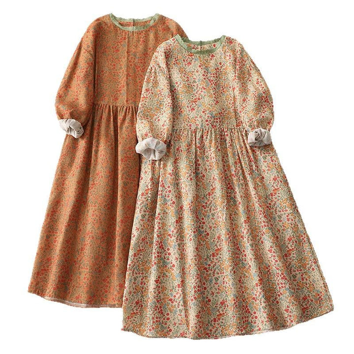 Buddha Stones Casual Floral Lace Crew Neck Balloon Long Sleeve Cotton Linen Midi Dress With Pockets - image 14