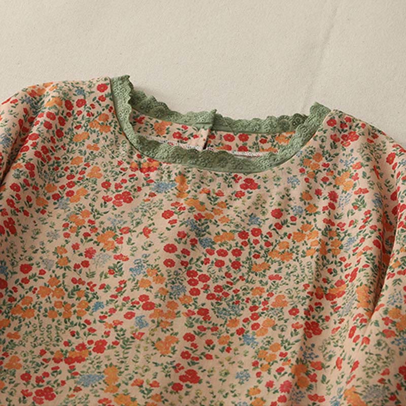 Buddha Stones Casual Floral Lace Crew Neck Balloon Long Sleeve Cotton Linen Midi Dress With Pockets - image 6
