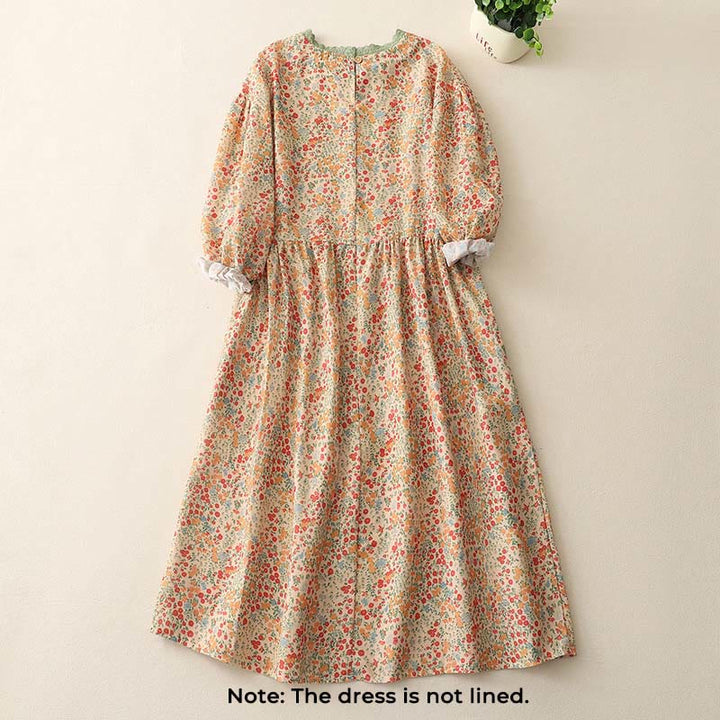 Buddha Stones Casual Floral Lace Crew Neck Balloon Long Sleeve Cotton Linen Midi Dress With Pockets - image 5