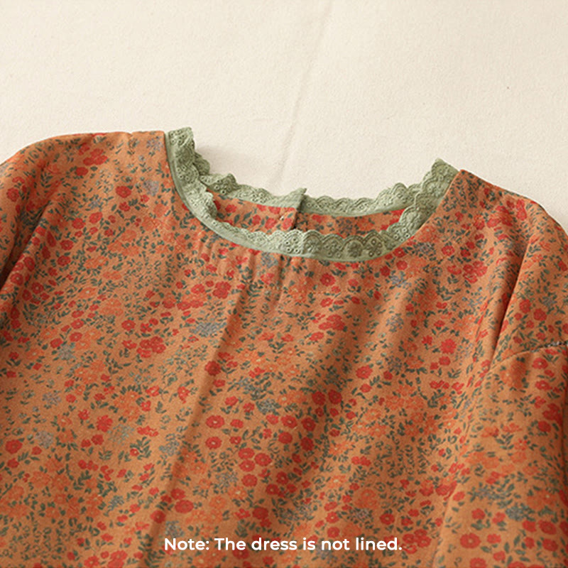 Buddha Stones Casual Floral Lace Crew Neck Balloon Long Sleeve Cotton Linen Midi Dress With Pockets - image 1