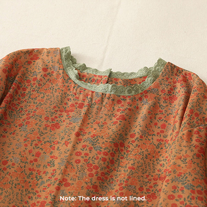 Buddha Stones Casual Floral Lace Crew Neck Balloon Long Sleeve Cotton Linen Midi Dress With Pockets - image 1