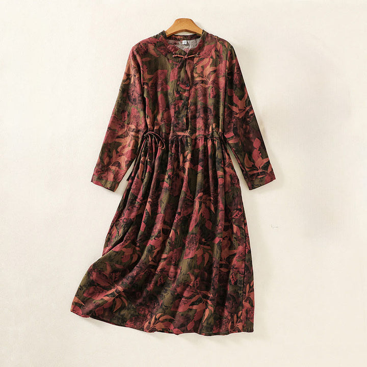 Buddha Stones Printing Drawstring Frog-Button Cotton Linen Long Sleeve Midi Dress With Pockets - Brown - US8-10，UK/AU12-14，EU40-42 (2XL) - image 8