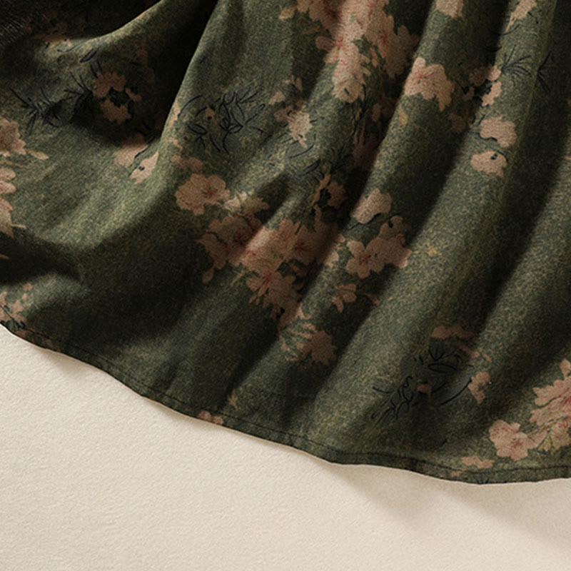 Buddha Stones Printing Drawstring Frog-Button Cotton Linen Long Sleeve Midi Dress With Pockets - image 7