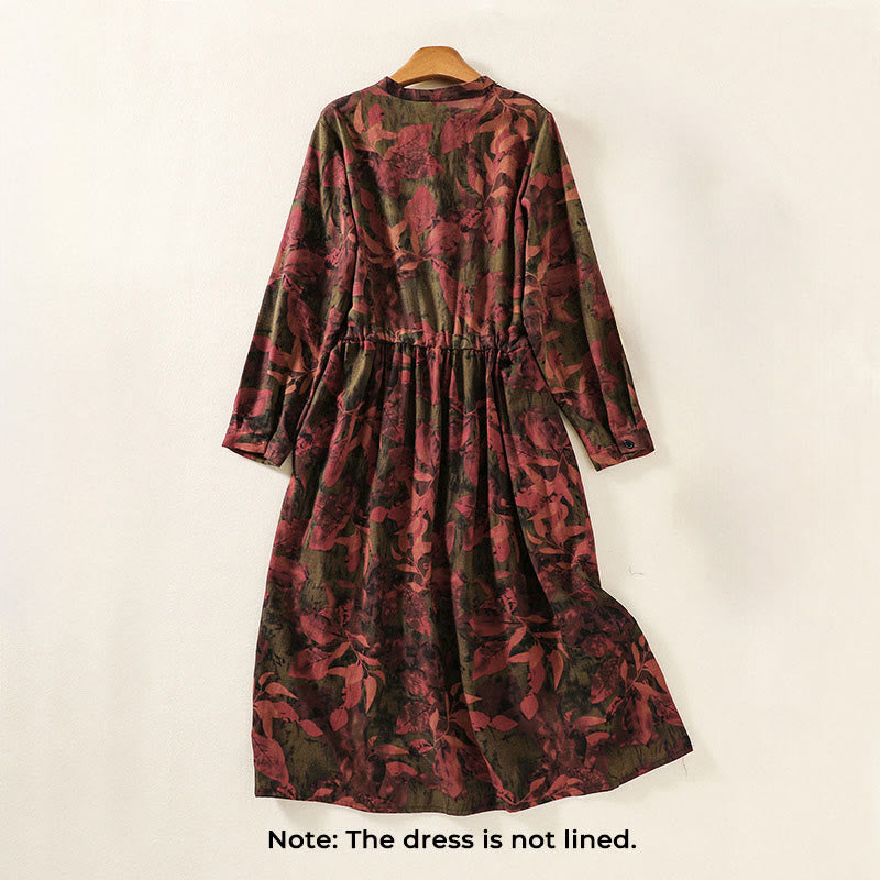 Buddha Stones Printing Drawstring Frog-Button Cotton Linen Long Sleeve Midi Dress With Pockets - image 9