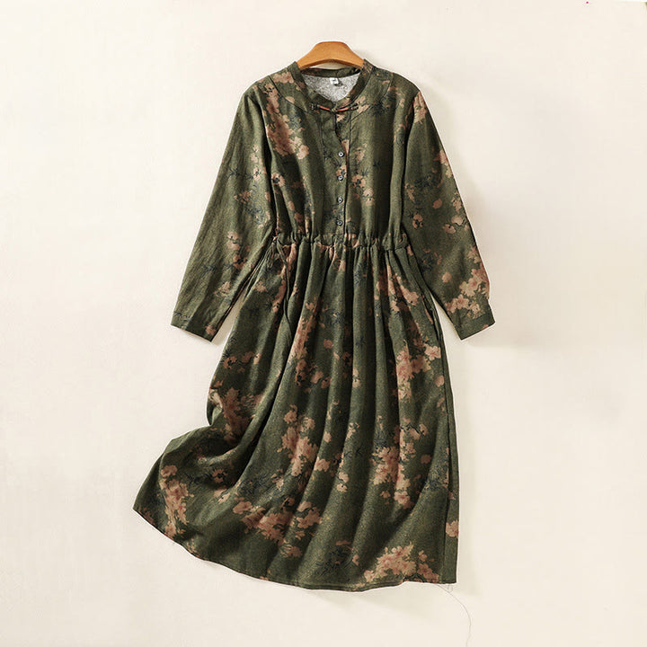 Buddha Stones Printing Drawstring Frog-Button Cotton Linen Long Sleeve Midi Dress With Pockets - DarkOliveGreen - US8-10，UK/AU12-14，EU40-42 (2XL) - image 0