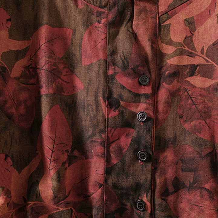 Buddha Stones Printing Drawstring Frog-Button Cotton Linen Long Sleeve Midi Dress With Pockets - image 13