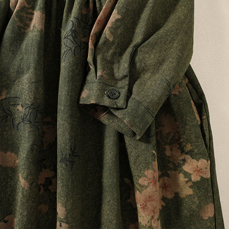 Buddha Stones Printing Drawstring Frog-Button Cotton Linen Long Sleeve Midi Dress With Pockets - image 6