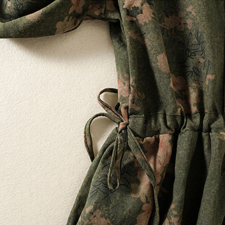 Buddha Stones Printing Drawstring Frog-Button Cotton Linen Long Sleeve Midi Dress With Pockets - image 5