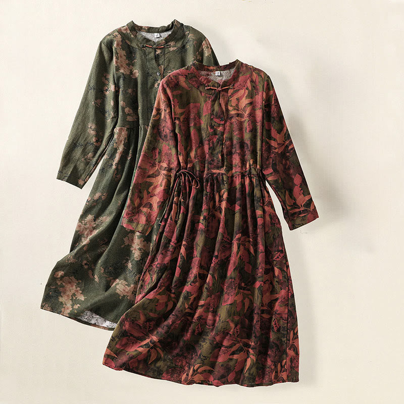 Buddha Stones Printing Drawstring Frog-Button Cotton Linen Long Sleeve Midi Dress With Pockets - image 19