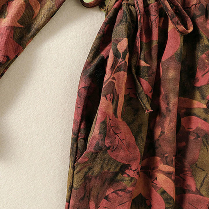 Buddha Stones Printing Drawstring Frog-Button Cotton Linen Long Sleeve Midi Dress With Pockets - image 15