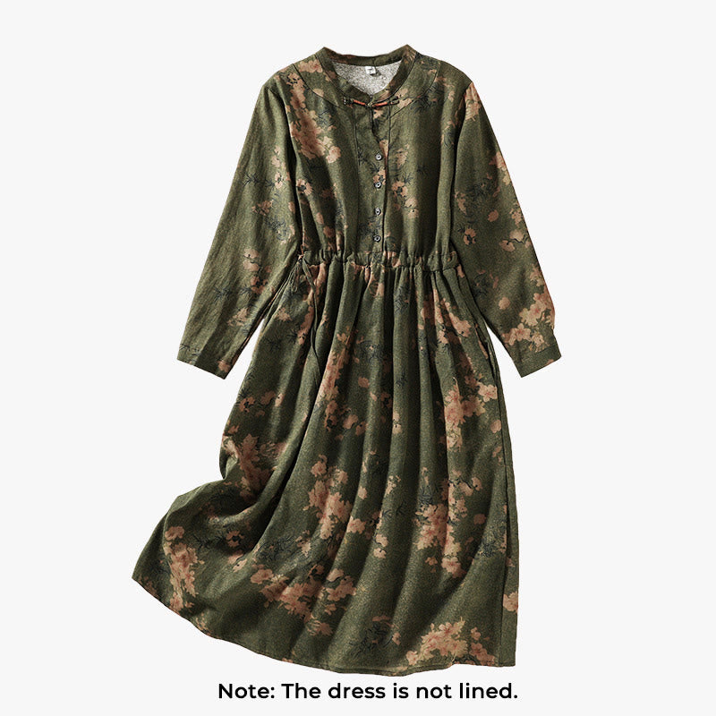 Buddha Stones Printing Drawstring Frog-Button Cotton Linen Long Sleeve Midi Dress With Pockets - image 1