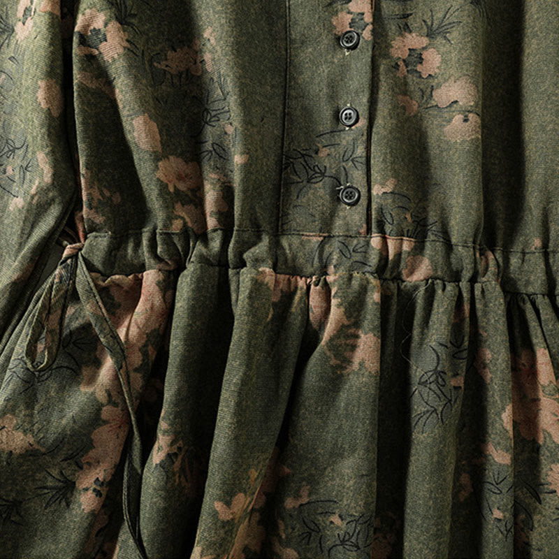 Buddha Stones Printing Drawstring Frog-Button Cotton Linen Long Sleeve Midi Dress With Pockets - image 4