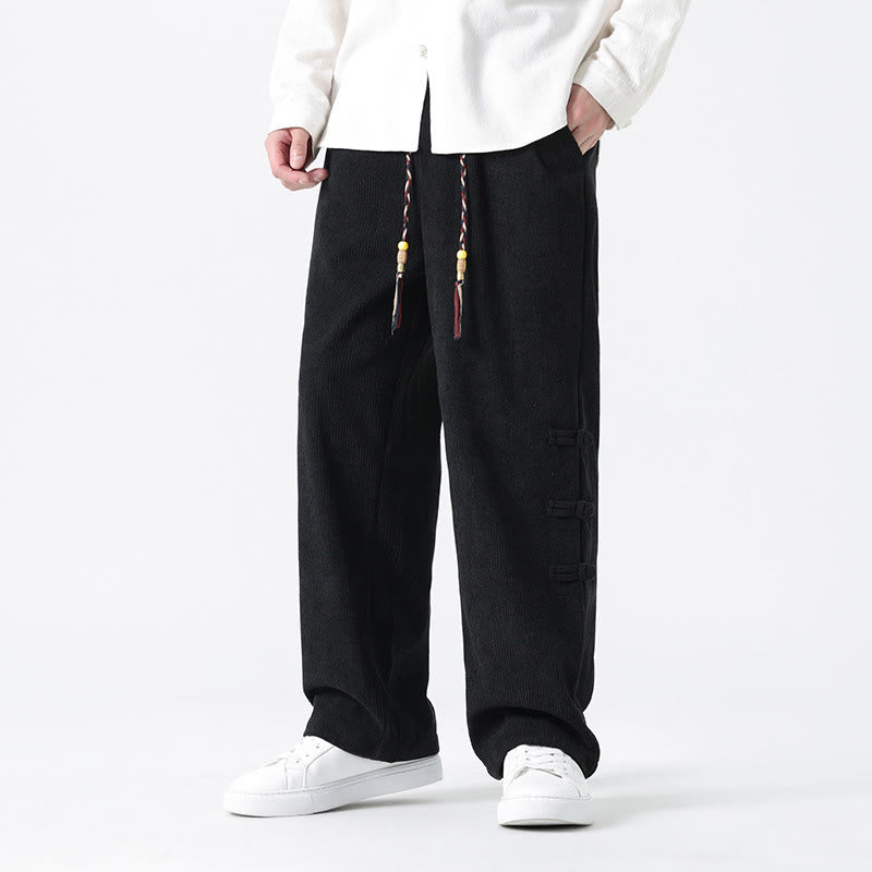 Buddha Stones Plain Chinese Frog-Button Design Drawstring Men's Corduroy Pants With Pockets - Black - US/UK/AU48，EU58(5XL) - image 11