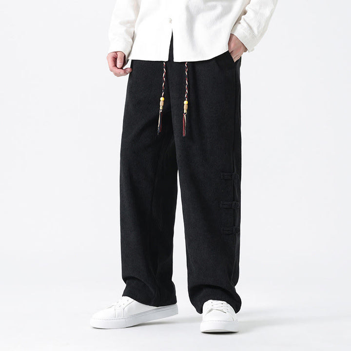 Buddha Stones Plain Chinese Frog-Button Design Drawstring Men's Corduroy Pants With Pockets - Black - US/UK/AU48，EU58(5XL) - image 11