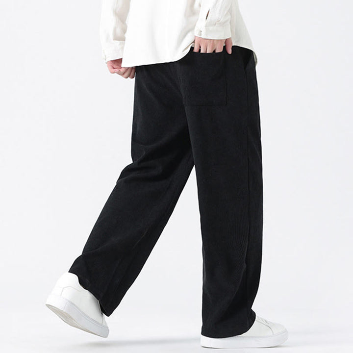 Buddha Stones Plain Chinese Frog-Button Design Drawstring Men's Corduroy Pants With Pockets - image 20