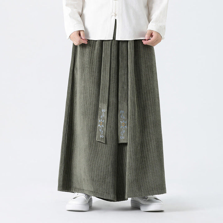 Buddha Stones Casual Embroidery Drawstring Design Men's Corduroy Wide Leg Pants With Pockets - image 8