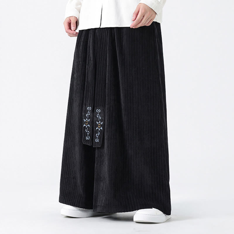 Buddha Stones Casual Embroidery Drawstring Design Men's Corduroy Wide Leg Pants With Pockets - image 19