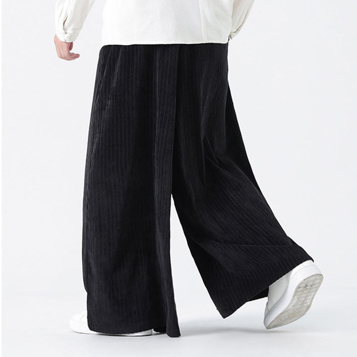 Buddha Stones Casual Embroidery Drawstring Design Men's Corduroy Wide Leg Pants With Pockets - image 17