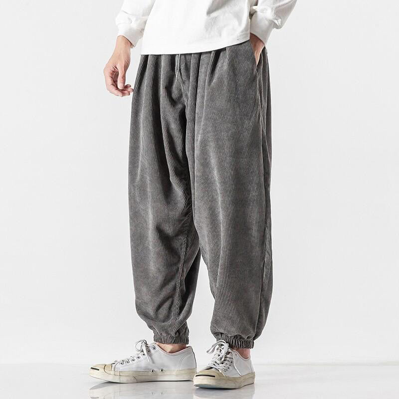 Buddha Stones Casual Pure Color Men's Drawstring Corduroy Harem Ankle-Length Pants With Pockets - image 1