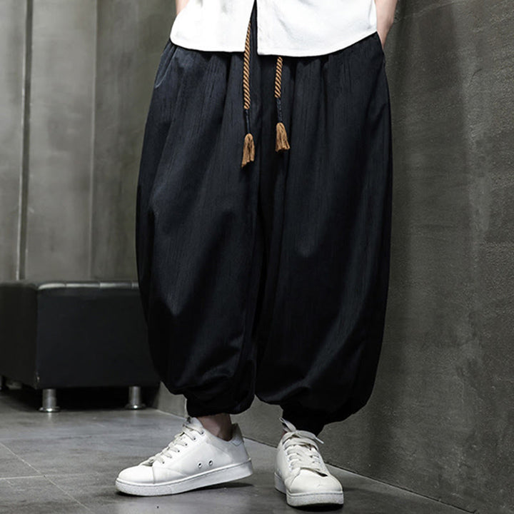 Buddha Stones Casual Daily Pure Color Drawstring Design Men's Harem Pants With Pockets - image 2