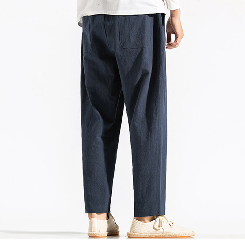 Buddha Stones Retro Casual Drawstring Design Men's Harem Cotton Plain Pants With Pockets - image 3