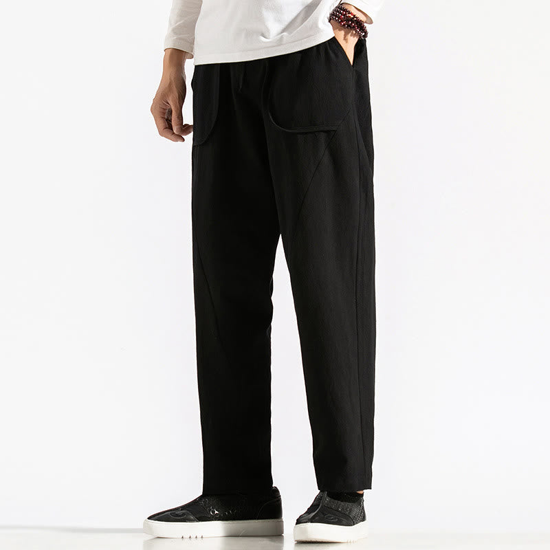 Buddha Stones Retro Casual Drawstring Design Men's Harem Cotton Plain Pants With Pockets - image 17
